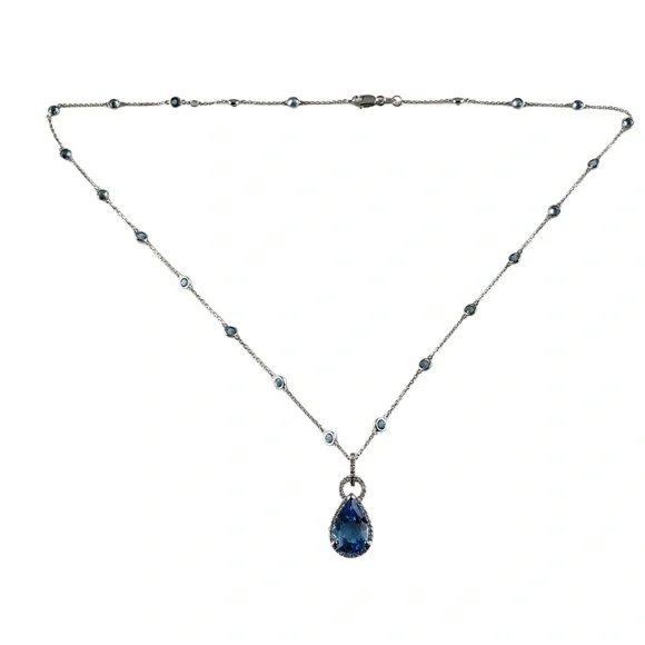 14 Karat White Gold Blue Topaz Diamond Pendant Necklace JAGi Cert. #13787